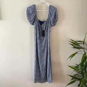 Lulu's Milkmaid Midi Dress Womens Small Blue Pleasant Perfection Puff Sleeve